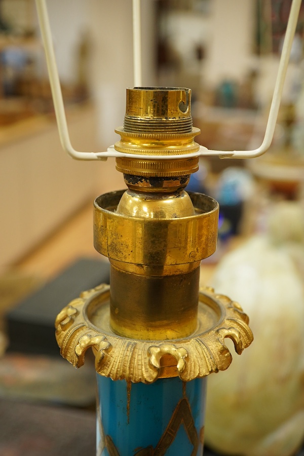 A 19th century Palmer & Co. Patent ormolu-mounted blue opaline glass table lamp, 44cm